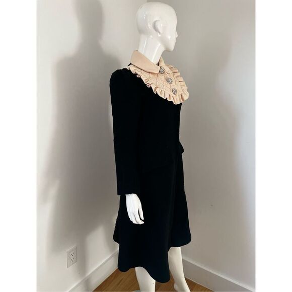 Black Baby Doll Bib Long Coat Sz XS 100% Wool Mushroom Bejeweled Buttons - Picture 6 of 11